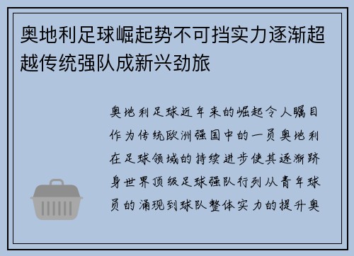 奥地利足球崛起势不可挡实力逐渐超越传统强队成新兴劲旅