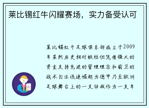 莱比锡红牛闪耀赛场，实力备受认可