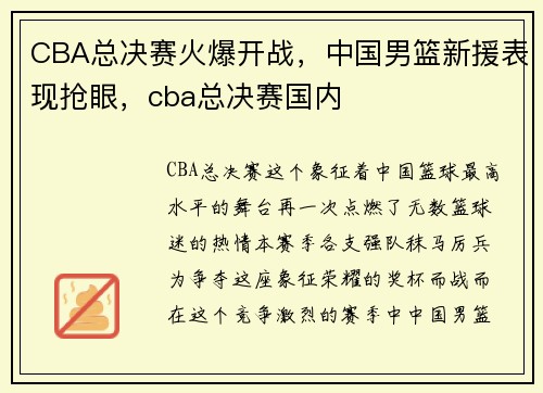 CBA总决赛火爆开战，中国男篮新援表现抢眼，cba总决赛国内