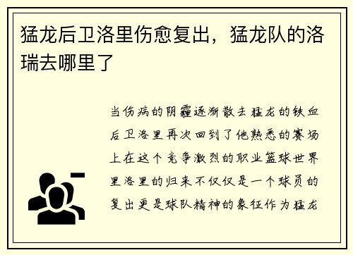 猛龙后卫洛里伤愈复出，猛龙队的洛瑞去哪里了