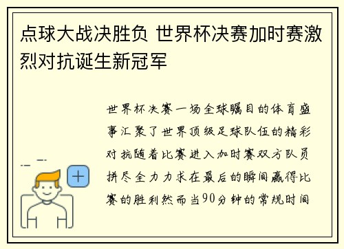 点球大战决胜负 世界杯决赛加时赛激烈对抗诞生新冠军