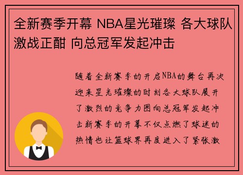 全新赛季开幕 NBA星光璀璨 各大球队激战正酣 向总冠军发起冲击